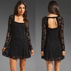 Free People Flirt For You Black Lace Velvet Trim Skater Fit N Flare Mini Dress
